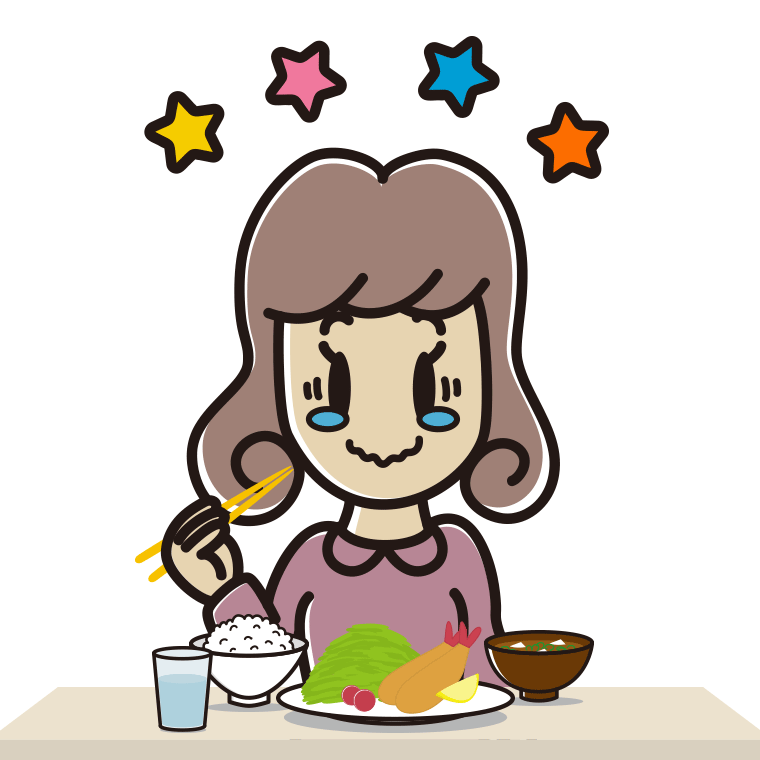 食事中にジーンとする女子大学生のイラスト【色あり、背景なし】透過PNG