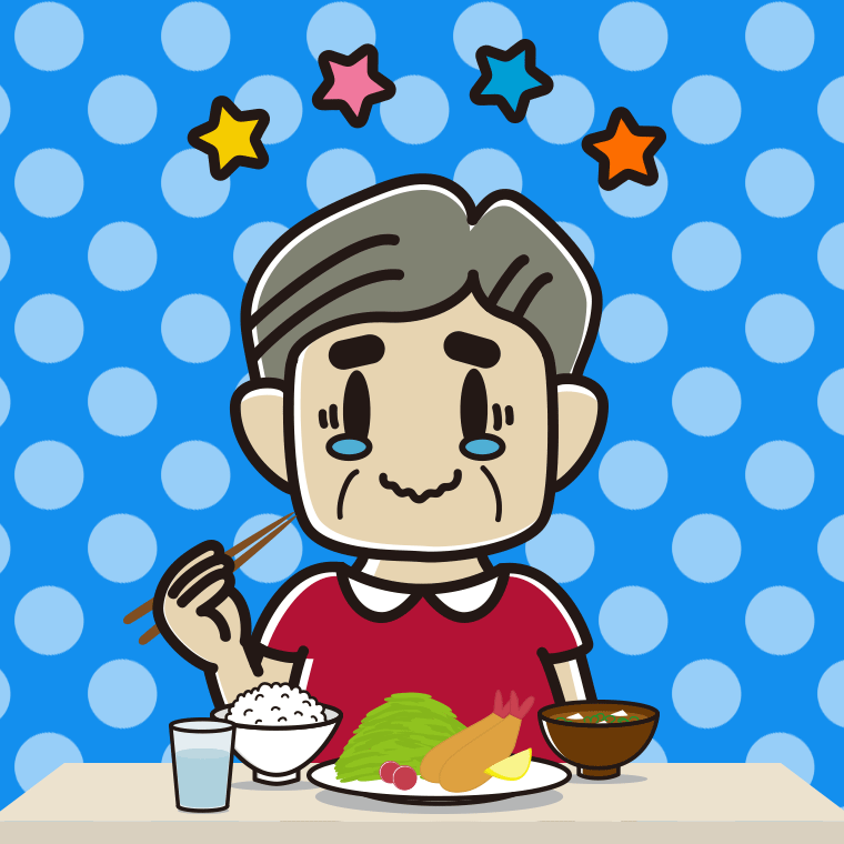 食事中にジーンとするおじさんのイラスト【色、背景あり】PNG