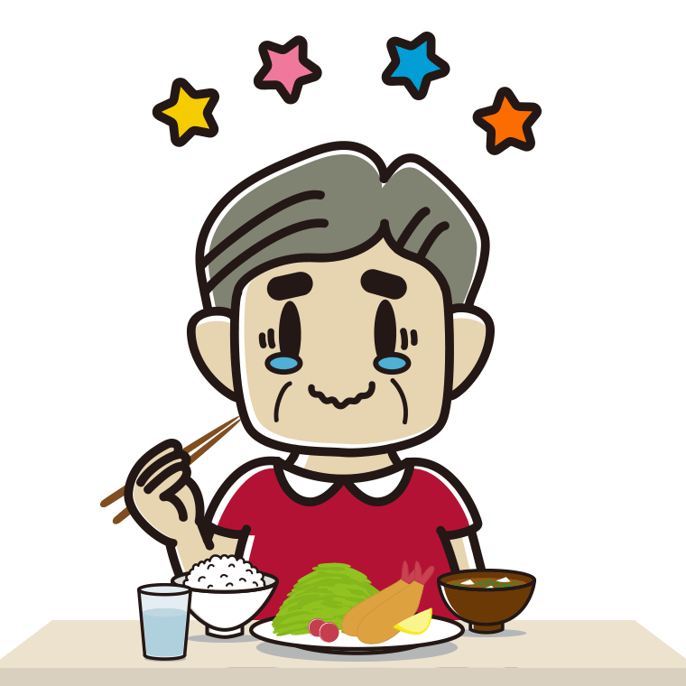 食事中にジーンとするおじさんのイラスト【色あり、背景なし】透過PNG