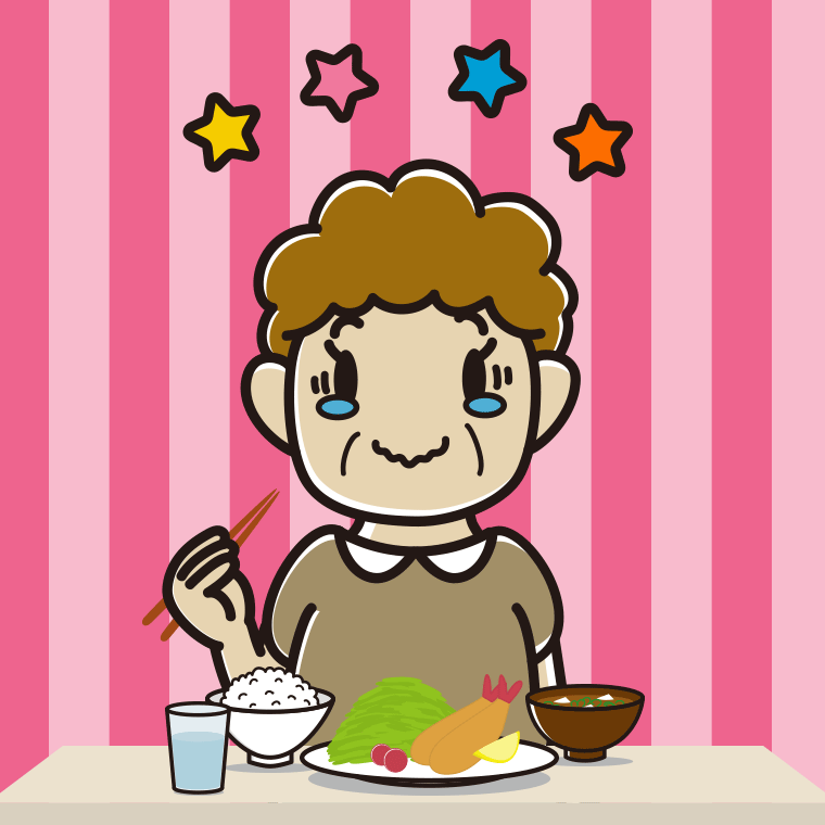 食事中にジーンとするおばさんのイラスト【色、背景あり】PNG