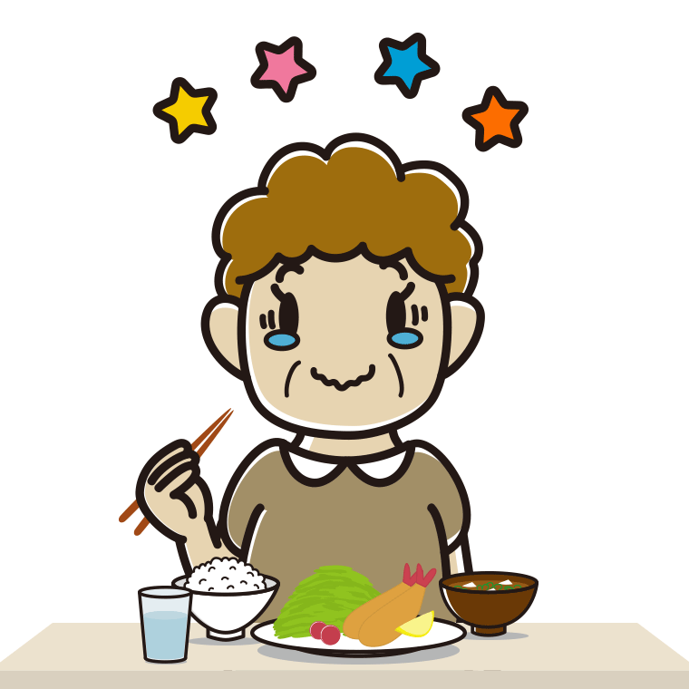 食事中にジーンとするおばさんのイラスト【色あり、背景なし】透過PNG