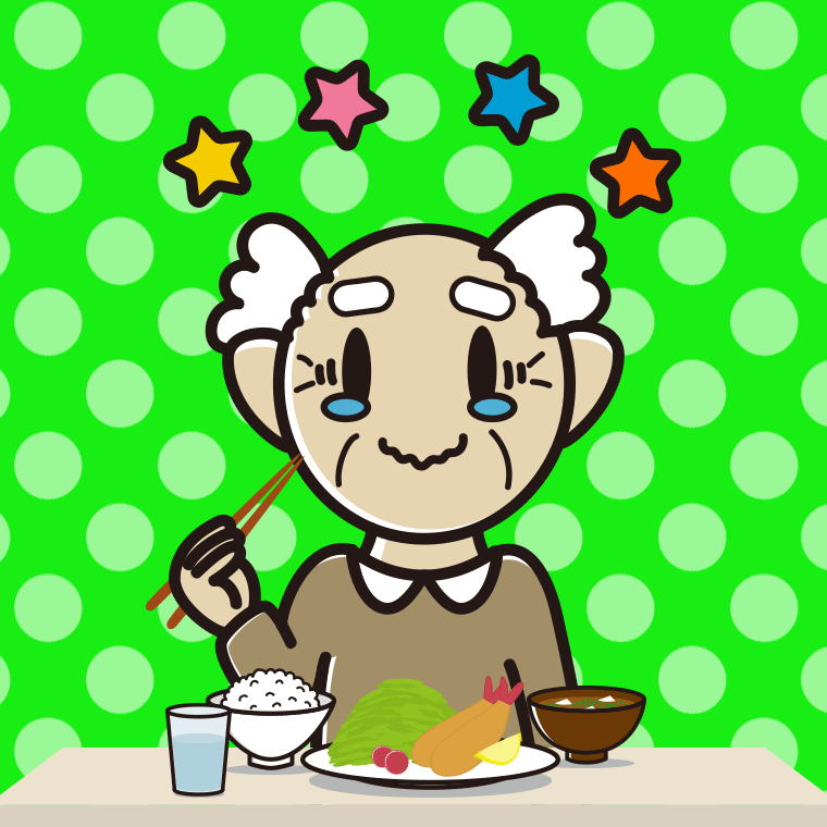 食事中にジーンとするおじいさんのイラスト【色、背景あり】PNG