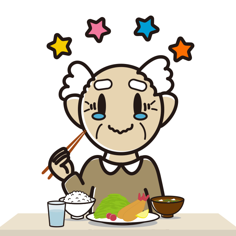 食事中にジーンとするおじいさんのイラスト【色あり、背景なし】透過PNG
