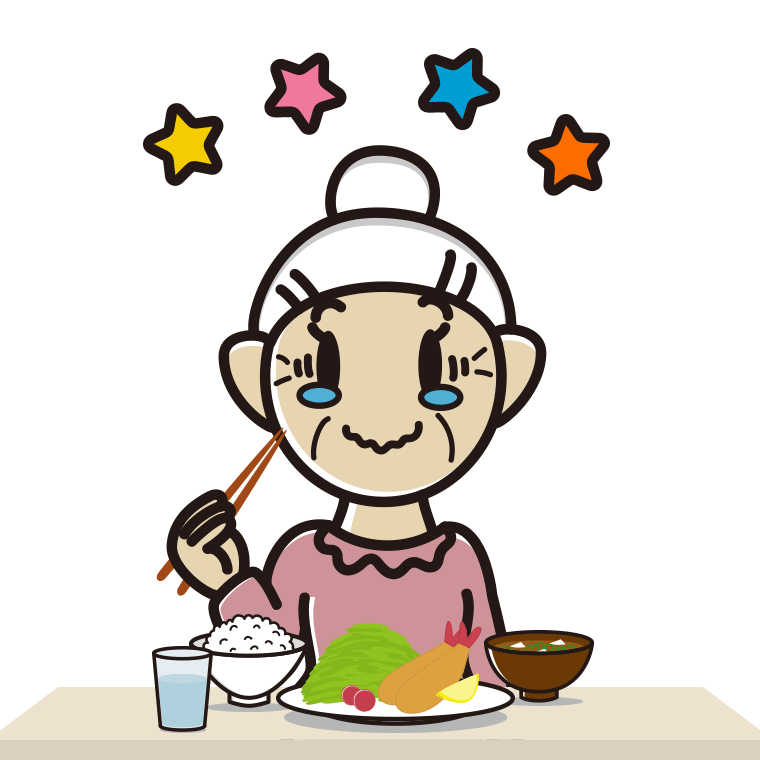 食事中にジーンとするおばあさんのイラスト【色あり、背景なし】透過PNG