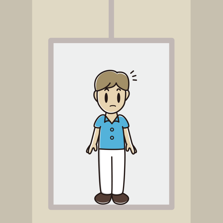 エレベーターで何かに気付く男性会社員（クールビズ）のイラスト【色、背景あり】PNG