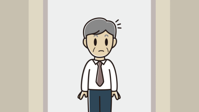 エレベーターで何かに気付く年配男性会社員（ワイシャツ）のイラスト【色、背景あり】PNG