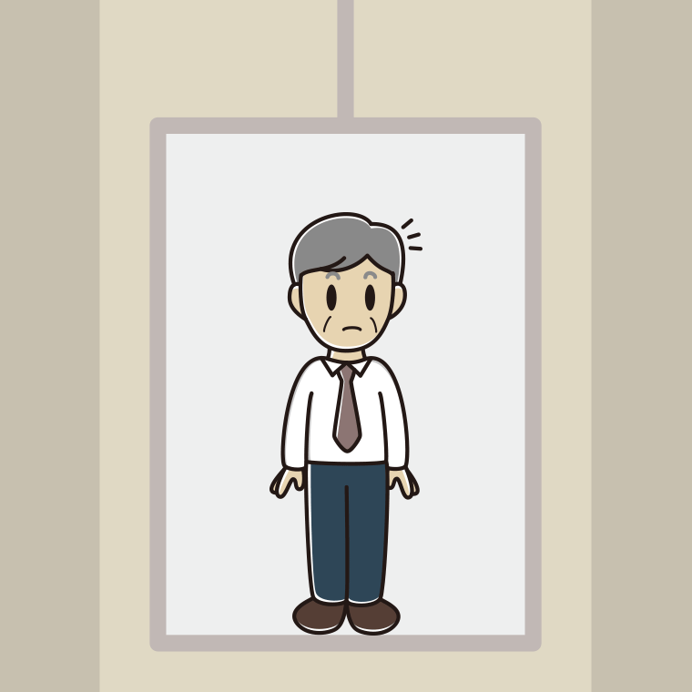 エレベーターで何かに気付く年配男性会社員（ワイシャツ）のイラスト【色、背景あり】PNG