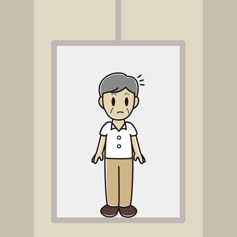 エレベーターで何かに気付く年配男性会社員（クールビズ）のイラスト【色、背景あり】PNG
