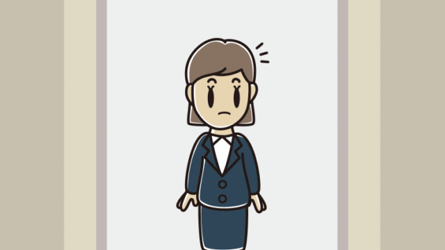 エレベーターで何かに気付く女性会社員のイラスト【色、背景あり】PNG