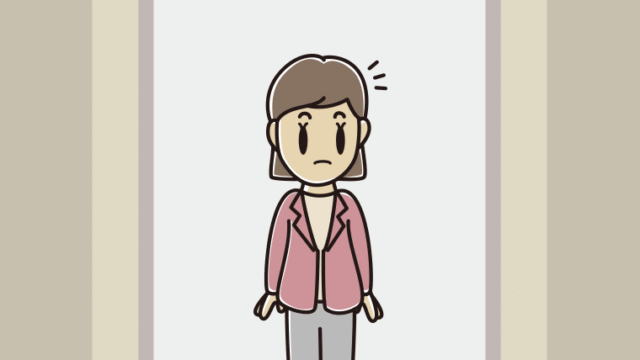 エレベーターで何かに気付く女性会社員（カジュアル）のイラスト【色、背景あり】PNG