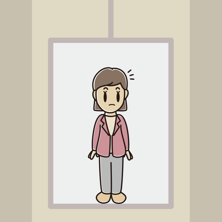 エレベーターで何かに気付く女性会社員（カジュアル）のイラスト【色、背景あり】PNG
