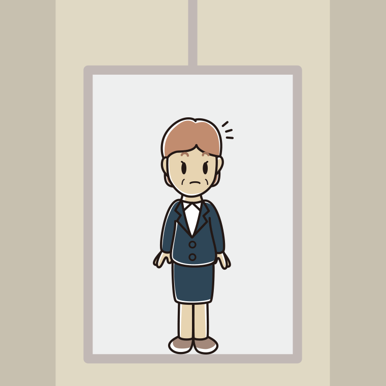 エレベーターで何かに気付く年配女性会社員のイラスト【色、背景あり】PNG