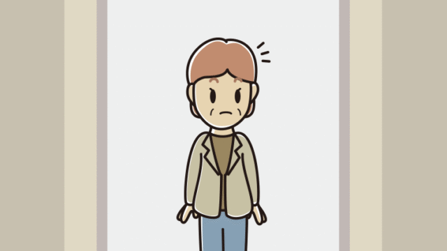 エレベーターで何かに気付く年配女性会社員（カジュアル）のイラスト【色、背景あり】PNG