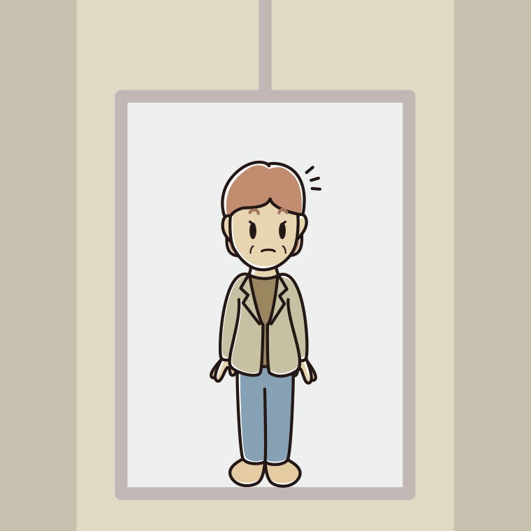 エレベーターで何かに気付く年配女性会社員（カジュアル）のイラスト【色、背景あり】PNG