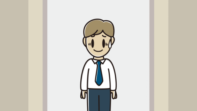 エレベーターで苦笑いする男性会社員（ワイシャツ）のイラスト【色、背景あり】PNG