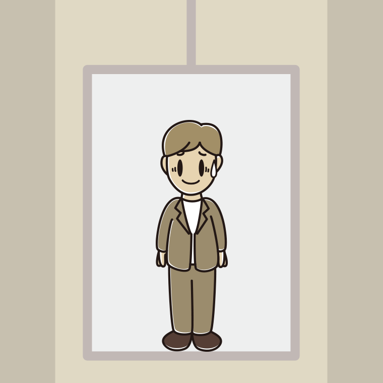 エレベーターで苦笑いする男性会社員（カジュアル）のイラスト【色、背景あり】PNG