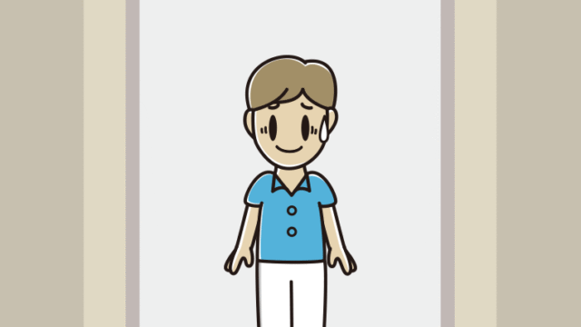 エレベーターで苦笑いする男性会社員（クールビズ）のイラスト【色、背景あり】PNG