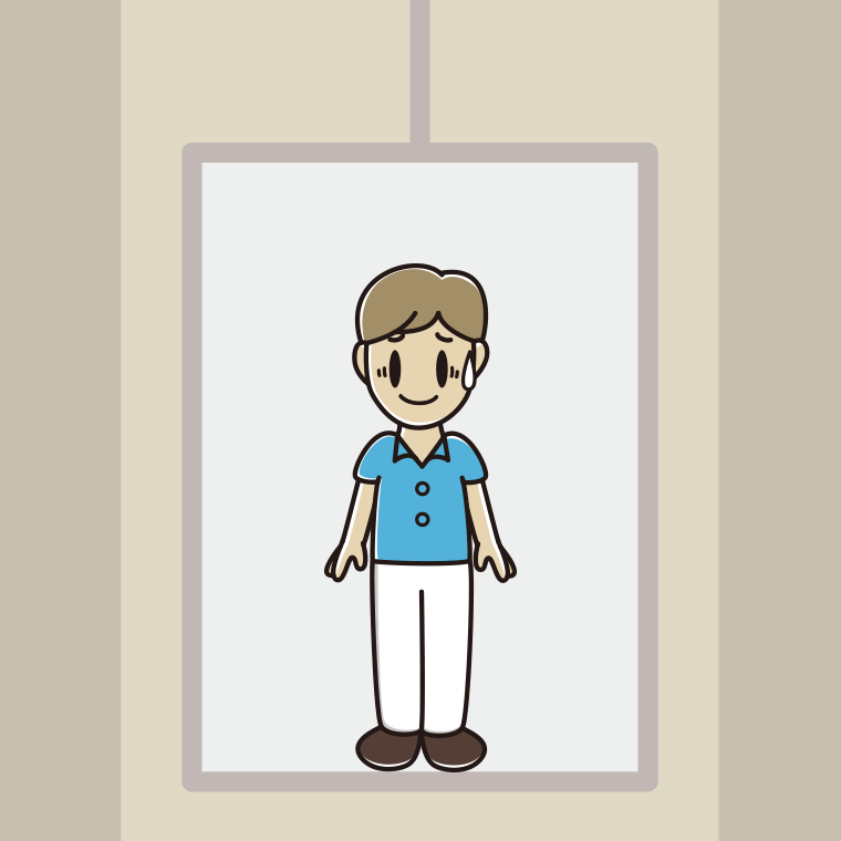 エレベーターで苦笑いする男性会社員（クールビズ）のイラスト【色、背景あり】PNG
