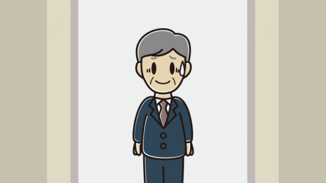 エレベーターで苦笑いする年配男性会社員のイラスト【色、背景あり】PNG