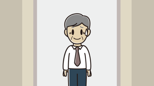 エレベーターで苦笑いする年配男性会社員（ワイシャツ）のイラスト【色、背景あり】PNG
