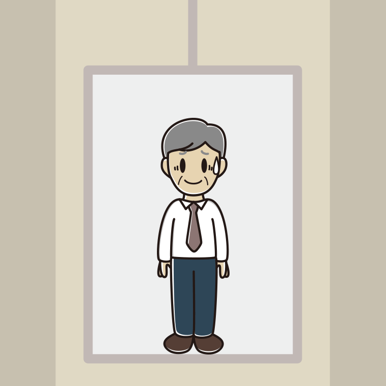 エレベーターで苦笑いする年配男性会社員（ワイシャツ）のイラスト【色、背景あり】PNG