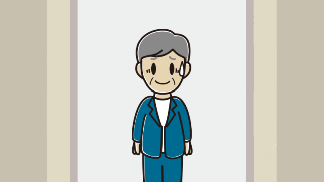 エレベーターで苦笑いする年配男性会社員（カジュアル）のイラスト【色、背景あり】PNG