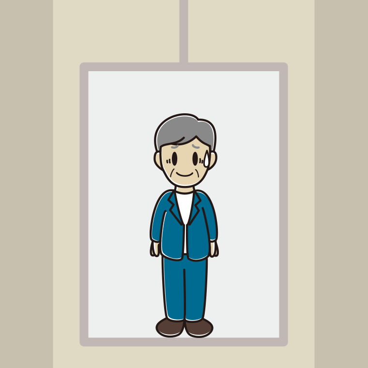 エレベーターで苦笑いする年配男性会社員（カジュアル）のイラスト【色、背景あり】PNG