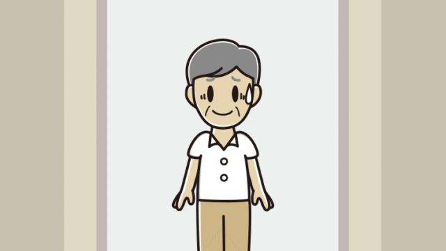 エレベーターで苦笑いする年配男性会社員（クールビズ）のイラスト【色、背景あり】PNG
