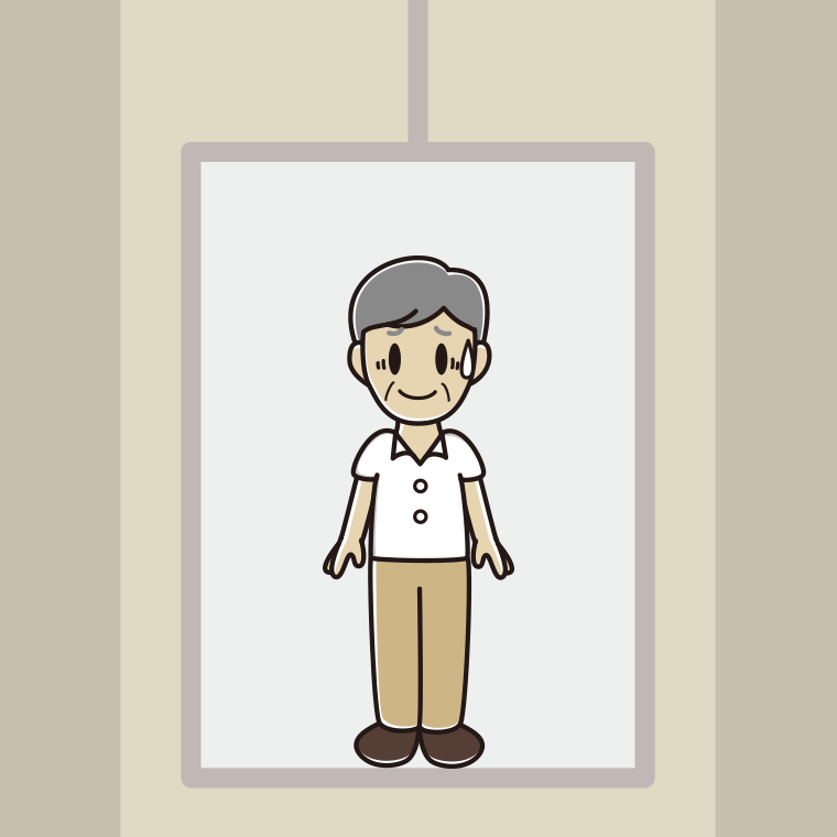 エレベーターで苦笑いする年配男性会社員（クールビズ）のイラスト【色、背景あり】PNG