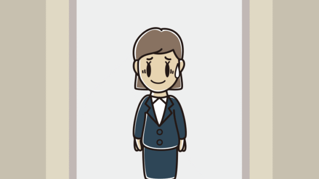 エレベーターで苦笑いする女性会社員のイラスト【色、背景あり】PNG