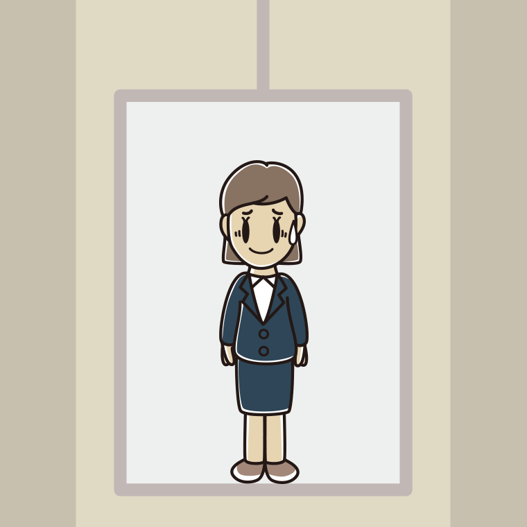 エレベーターで苦笑いする女性会社員のイラスト【色、背景あり】PNG