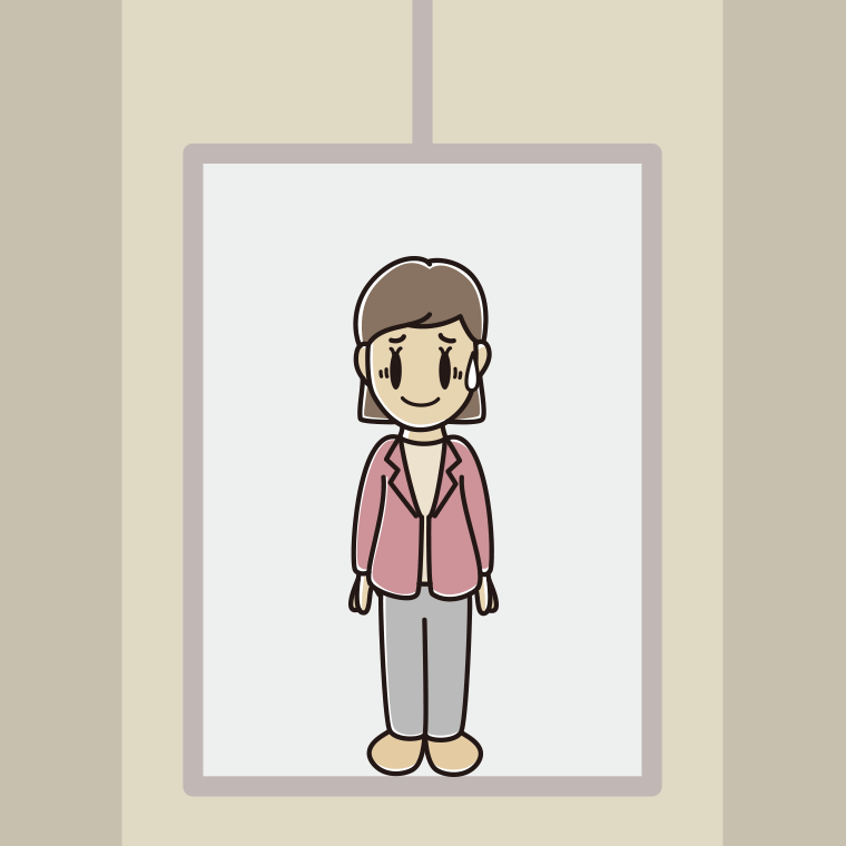エレベーターで苦笑いする女性会社員（カジュアル）のイラスト【色、背景あり】PNG