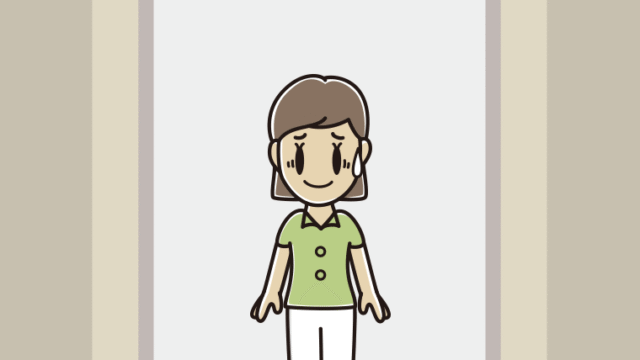エレベーターで苦笑いする女性会社員（クールビズ）のイラスト【色、背景あり】PNG