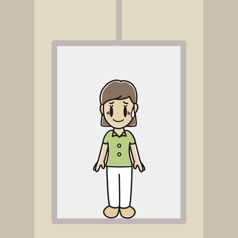 エレベーターで苦笑いする女性会社員（クールビズ）のイラスト【色、背景あり】PNG