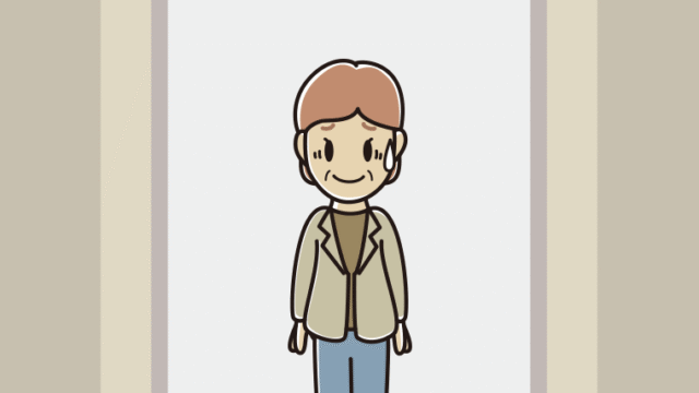 エレベーターで苦笑いする年配女性会社員（カジュアル）のイラスト【色、背景あり】PNG