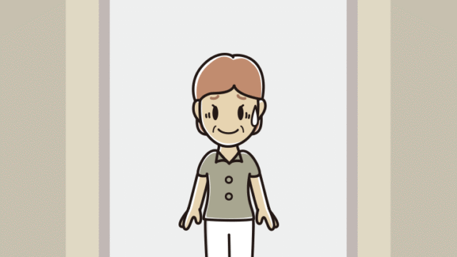 エレベーターで苦笑いする年配女性会社員（クールビズ）のイラスト【色、背景あり】PNG