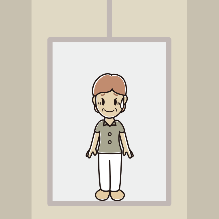 エレベーターで苦笑いする年配女性会社員（クールビズ）のイラスト【色、背景あり】PNG