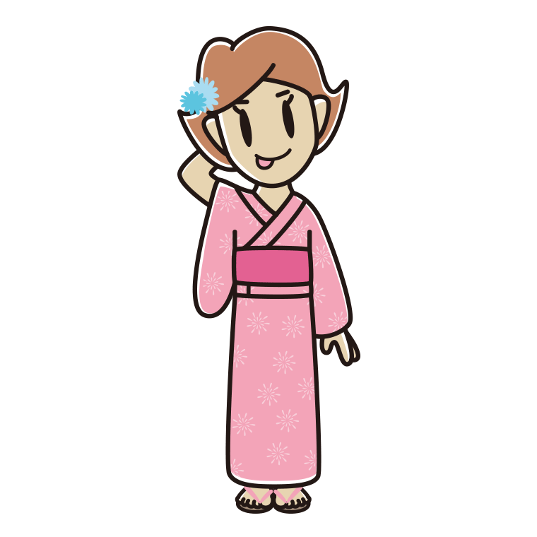 テヘヘな浴衣姿の女性のイラスト【色あり、背景なし】透過PNG