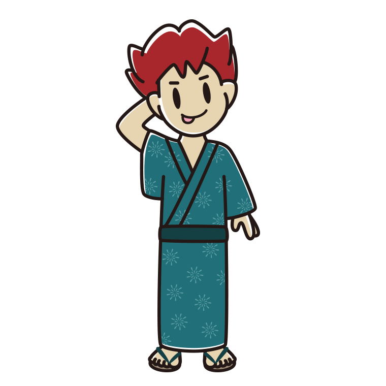 テヘヘな浴衣姿の男子大学生のイラスト【色あり、背景なし】透過PNG