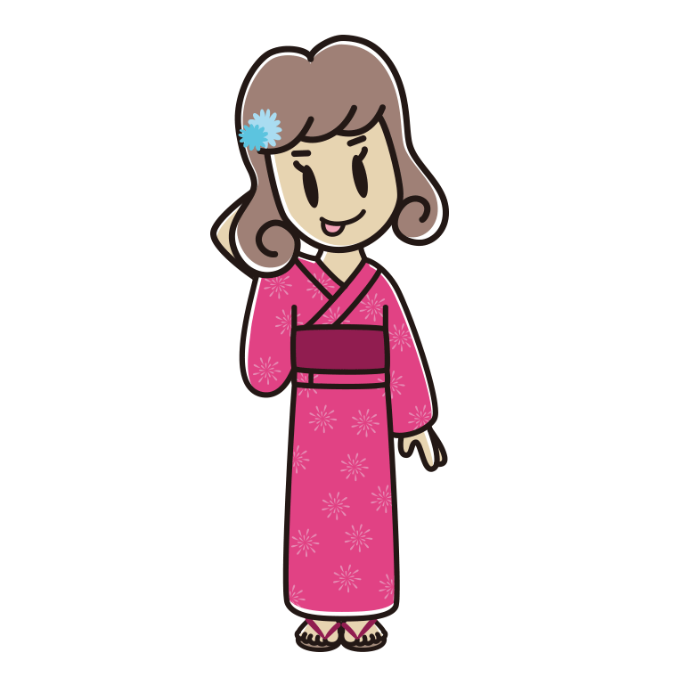 テヘヘな浴衣姿の女子大学生のイラスト【色あり、背景なし】透過PNG