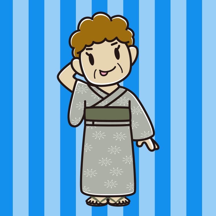 テヘヘな浴衣姿のおばさんのイラスト【色、背景あり】PNG
