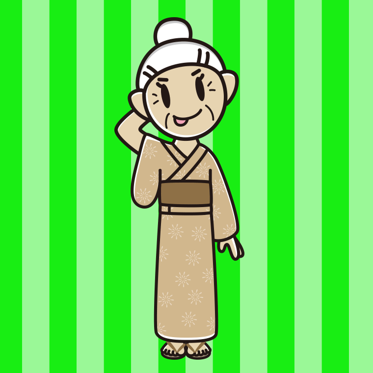 テヘヘな浴衣姿のおばあさんのイラスト【色、背景あり】PNG