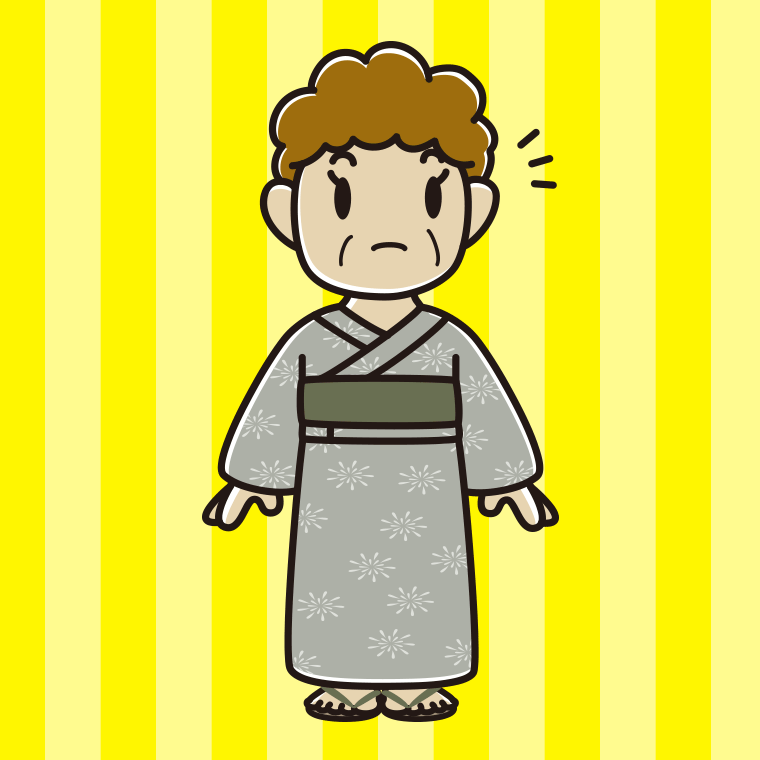 何かに気付く浴衣姿のおばさんのイラスト【色、背景あり】PNG