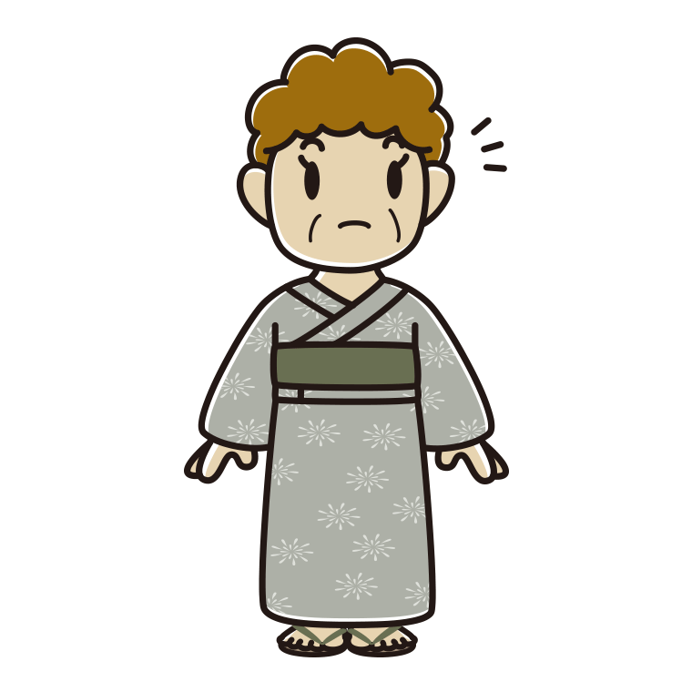 何かに気付く浴衣姿のおばさんのイラスト【色あり、背景なし】透過PNG