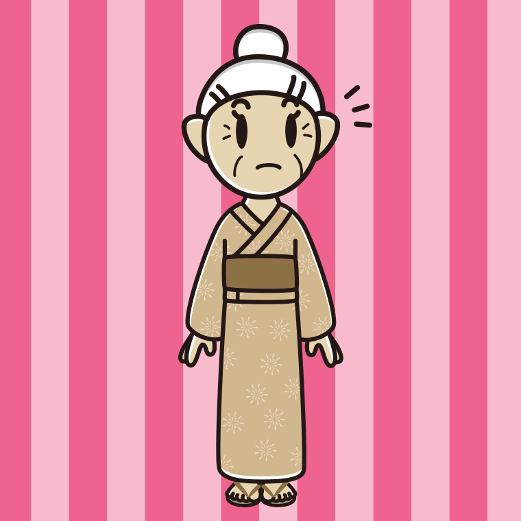 何かに気付く浴衣姿のおばあさんのイラスト【色、背景あり】PNG