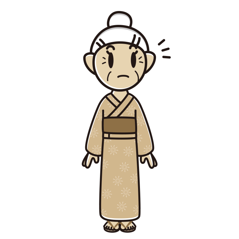 何かに気付く浴衣姿のおばあさんのイラスト【色あり、背景なし】透過PNG