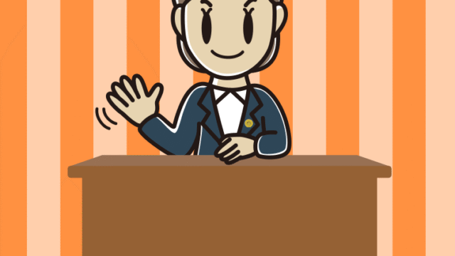 手を振る女性弁護士のイラスト【色、背景あり】PNG