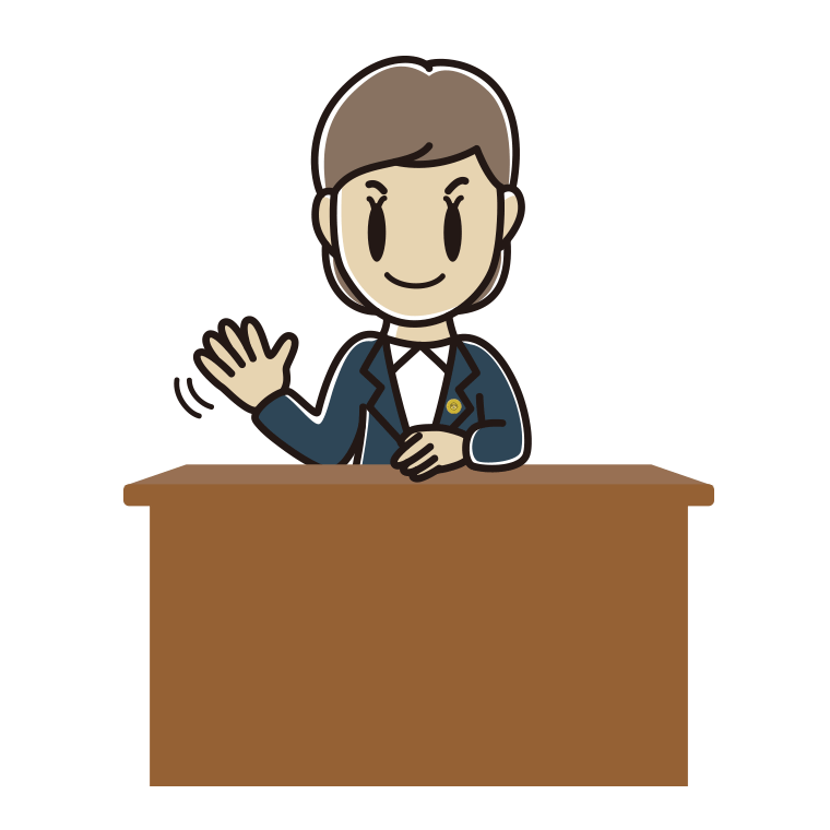 手を振る女性弁護士のイラスト【色あり、背景なし】透過PNG