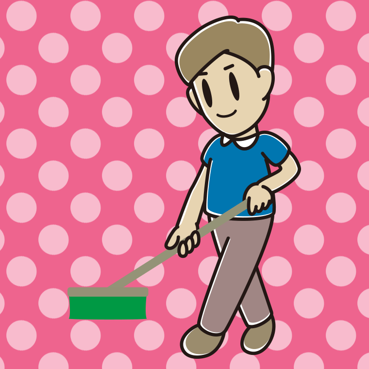 デッキブラシを使う男性のイラスト【色、背景あり】PNG
