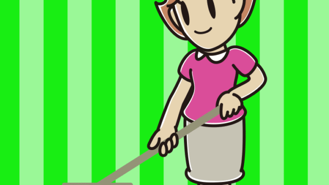 デッキブラシを使う女性のイラスト【色、背景あり】PNG